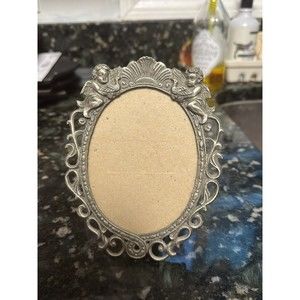Vintage 1998 Pewter Oval Ornate Picture Photo Frame Cherub Angel Marked w/Glass